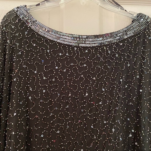 Jkara Cocktail Dress Dropped Waist Dolman sleeves Slate w/sequins Size 16 - Picture 6 of 11